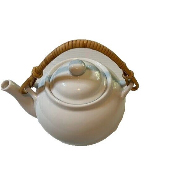 Pier 1 Cottagecore White Stoneware 3 Cup Teapot w/Bamboo Handle 5"H x 7"W - Picture 4 of 5